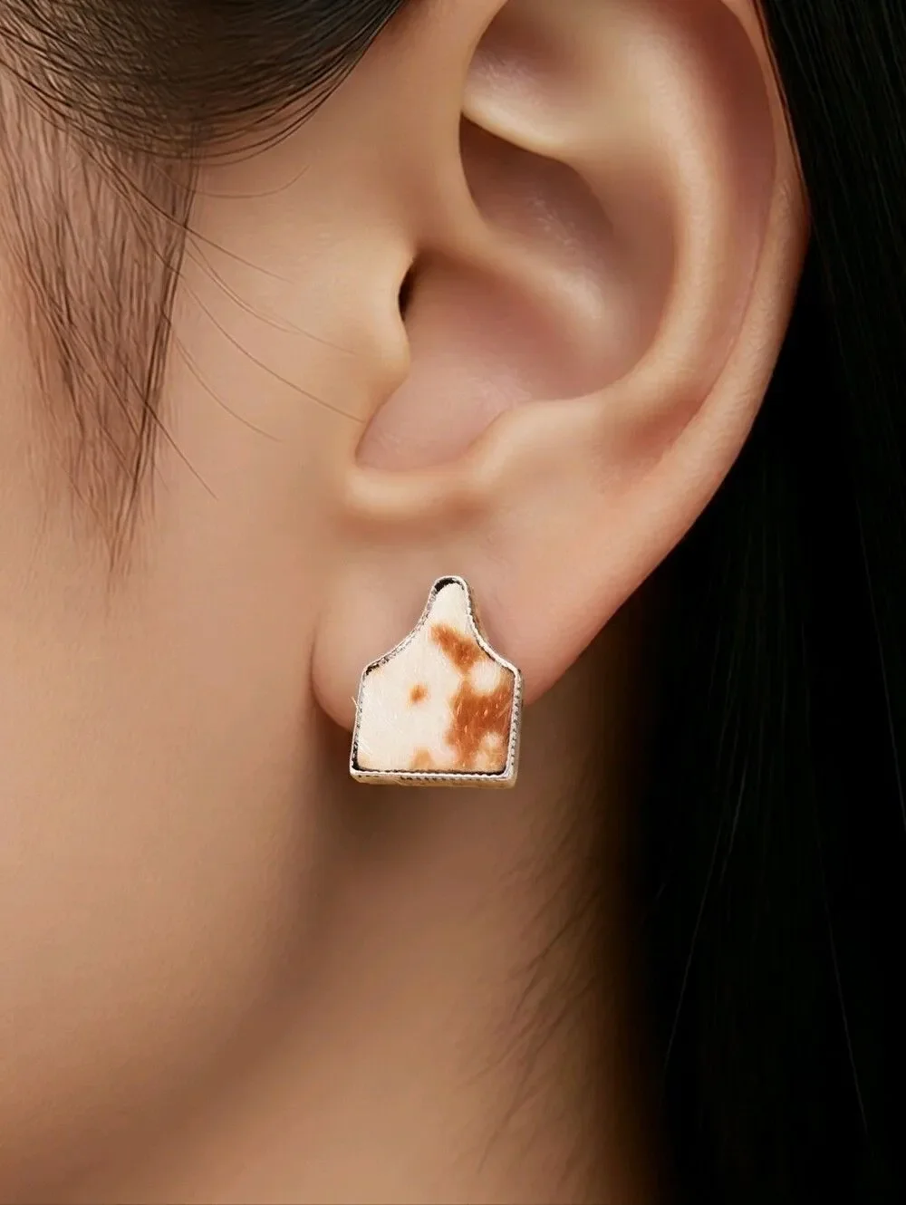 Cattle Tag Stud Earrings Brown Cowhide Western Ranch Jewelry Farmhouse Rustic